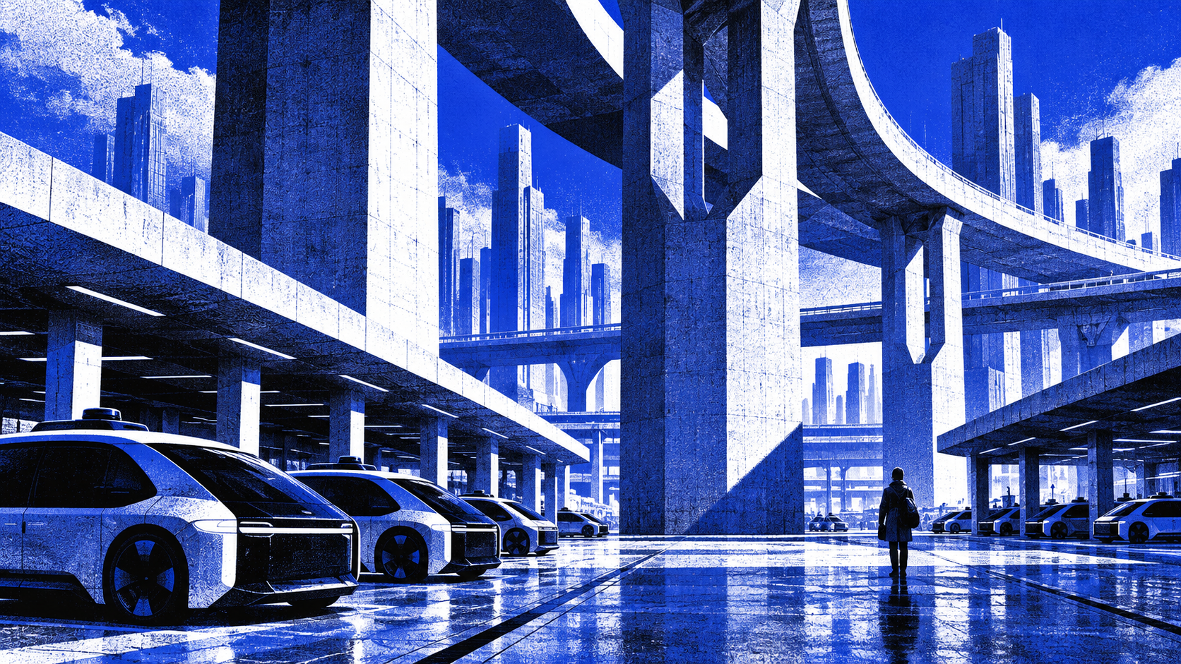 Cobalt dither artwork of autonomous mobility infrastructure