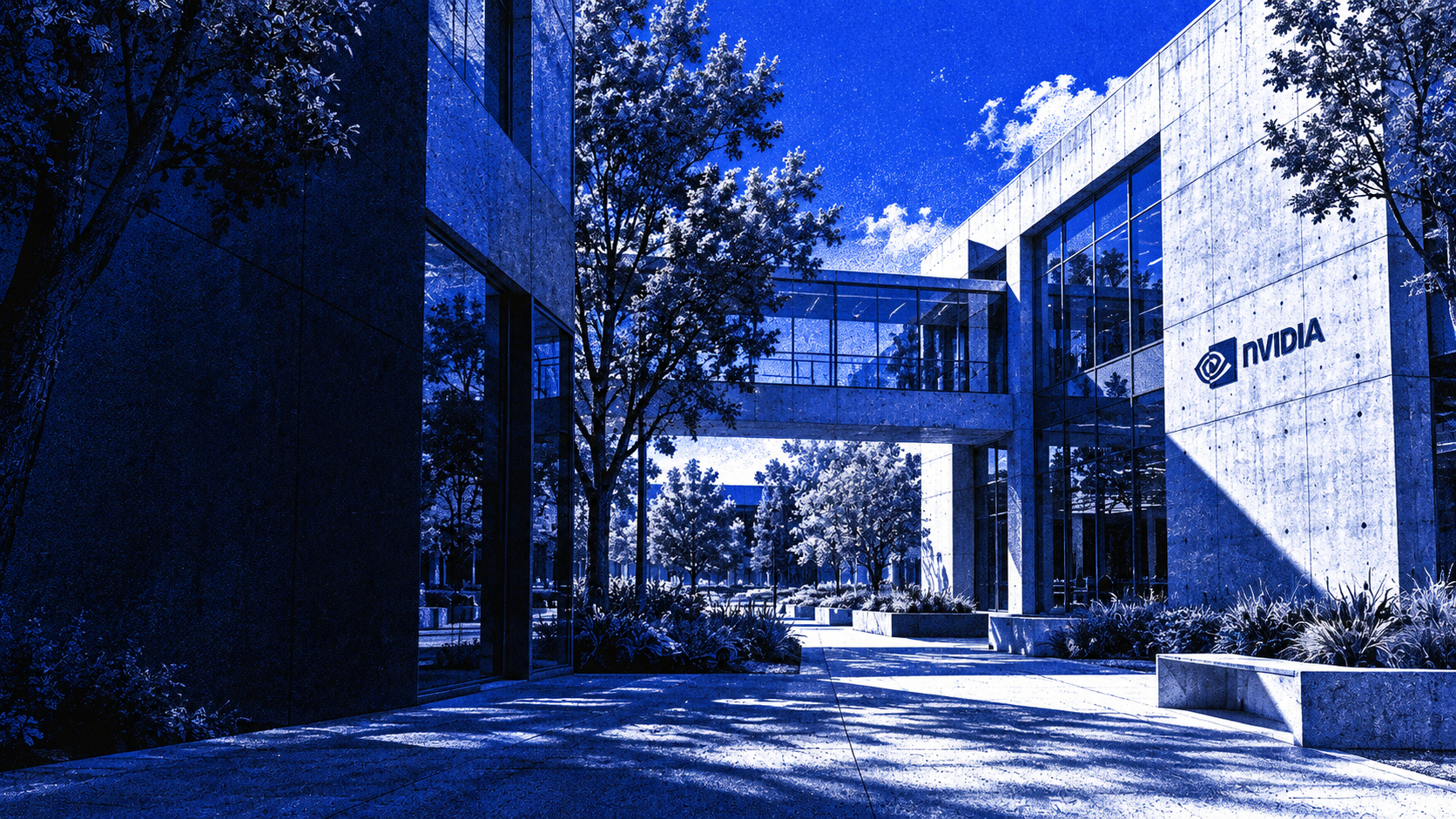 Cobalt architectural illustration of a technology campus with Nvidia signage